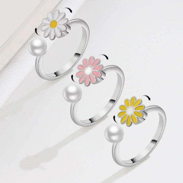 S925 Sterling Silver Daisy Flower Rotating Ring With Pearl Electroplated Floral Adjustable Ring For Women