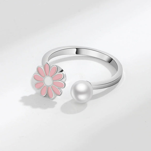 S925 Sterling Silver Daisy Flower Rotating Ring With Pearl Electroplated Floral Adjustable Ring For Women