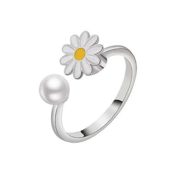 S925 Sterling Silver Daisy Flower Rotating Ring With Pearl Electroplated Floral Adjustable Ring For Women