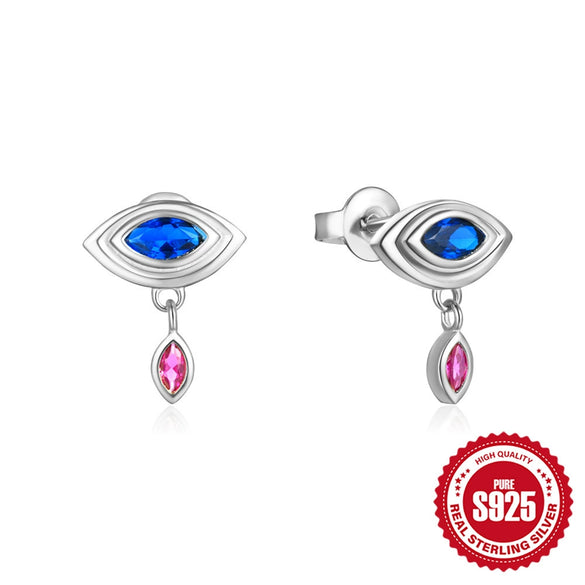 S925 Sterling Silver Devil's Eye Stud Earrings With Colored Diamond Pendant Geometric Design Electroplated For Women
