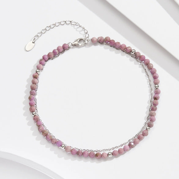 S925 Sterling Silver Double Chain Geometric Pattern Flash O Chain Anklet For Women With Gold Beads And Purple Mica