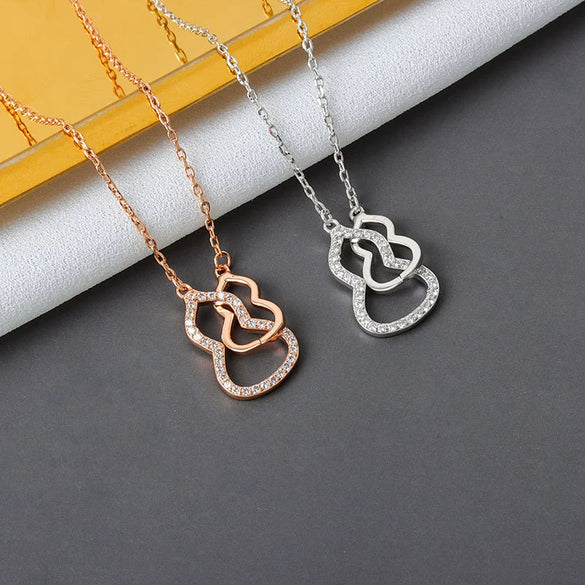 S925 Sterling Silver Double Gourd Necklace For Women Hollow Gem Inlaid Pendant Cross Chain Clavicle Jewelry