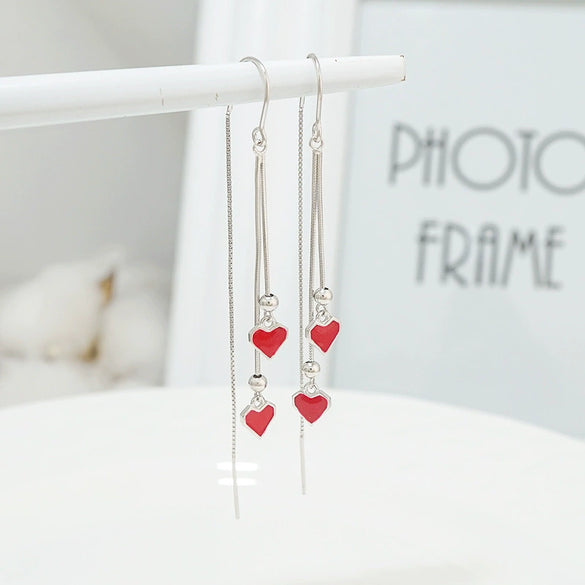 S925 Sterling Silver Double Heart Drop Earrings For Women Elegant Long Tassel Red Heart Dangle Earrings