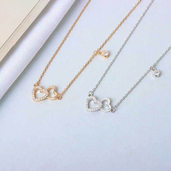 S925 Sterling Silver Double Heart Necklace For Women Electroplated Cross Chain Clavicle Pendant Light Luxury Minimalist Jewelry