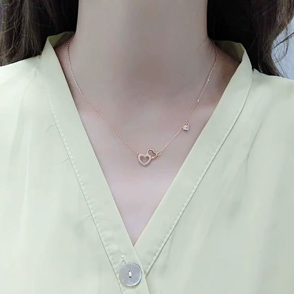 S925 Sterling Silver Double Heart Necklace For Women Electroplated Cross Chain Clavicle Pendant Light Luxury Minimalist Jewelry
