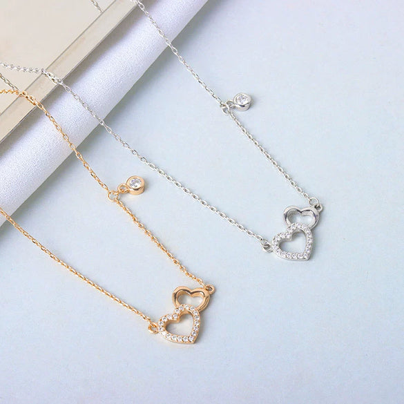 S925 Sterling Silver Double Heart Necklace For Women Electroplated Cross Chain Clavicle Pendant Light Luxury Minimalist Jewelry