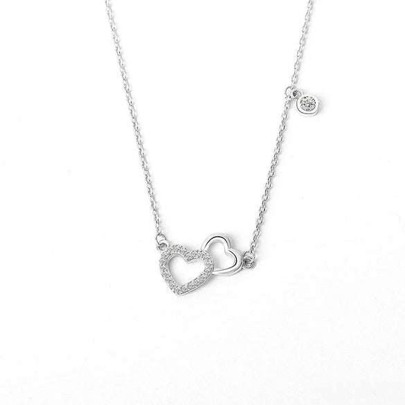 S925 Sterling Silver Double Heart Necklace For Women Electroplated Cross Chain Clavicle Pendant Light Luxury Minimalist Jewelry