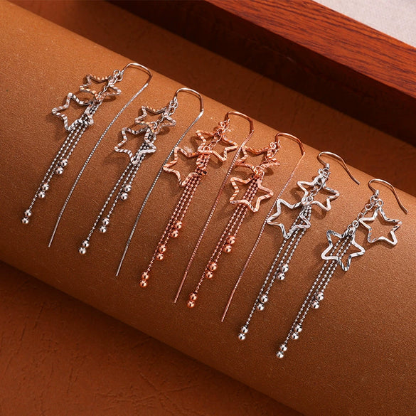 S925 Sterling Silver Double Star Tassel Drop Earrings For Women Light Luxury Fashion Long Dangle Earrings