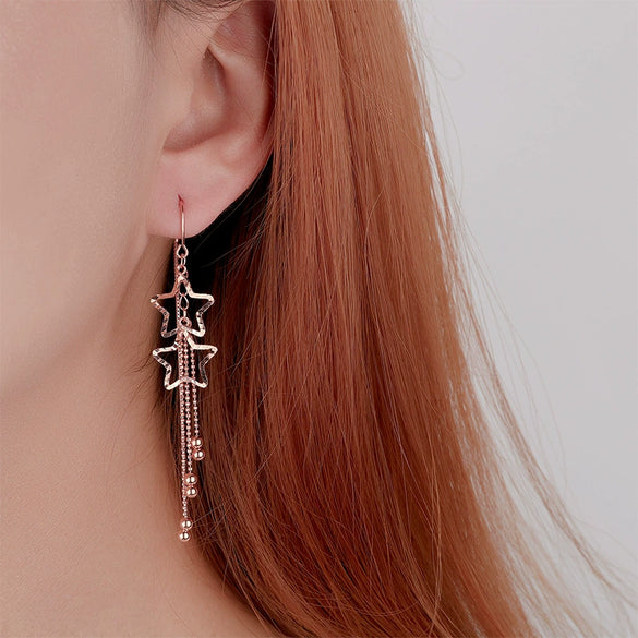 S925 Sterling Silver Double Star Tassel Drop Earrings For Women Light Luxury Fashion Long Dangle Earrings