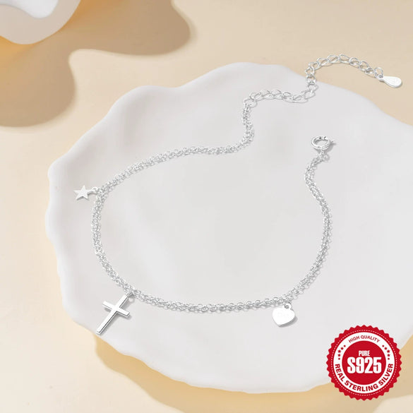 S925 Sterling Silver Doublelayer Adjustable Heartshaped Fivepointed Star Cross Pendant Combination Anklet For Women With Geometric Design