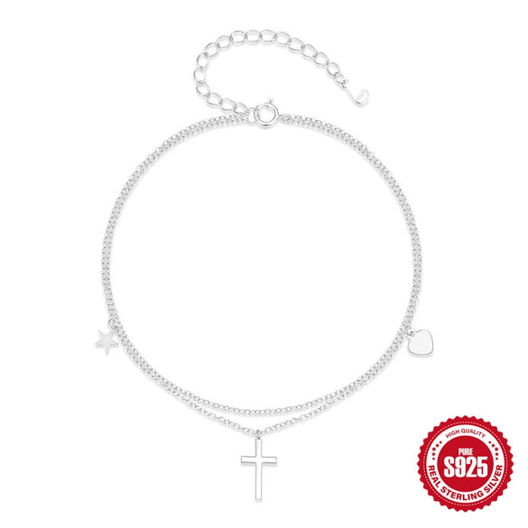 S925 Sterling Silver Doublelayer Adjustable Heartshaped Fivepointed Star Cross Pendant Combination Anklet For Women With Geometric Design