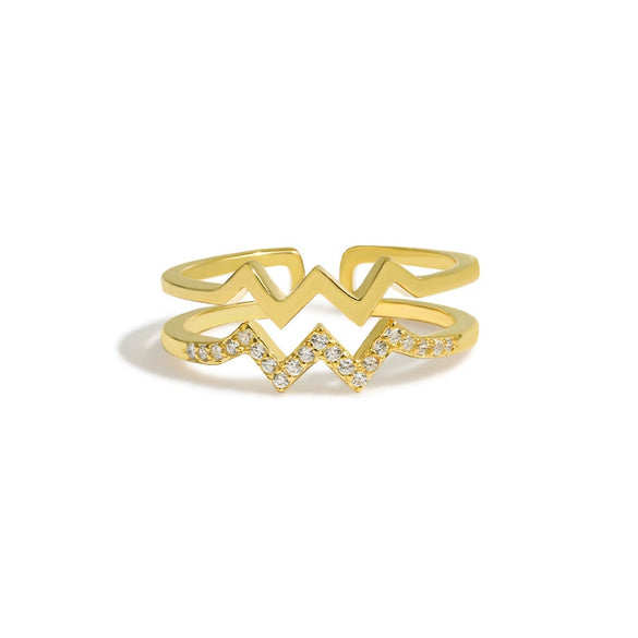 S925 Sterling Silver Doublelayer Heart Lightning Wave Pattern Diamond Ring Women's Fashionable
