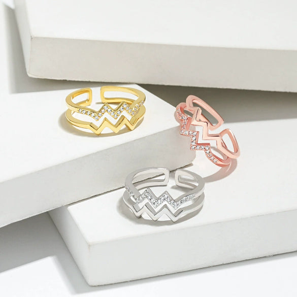 S925 Sterling Silver Doublelayer Heart Lightning Wave Pattern Diamond Ring Women's Fashionable