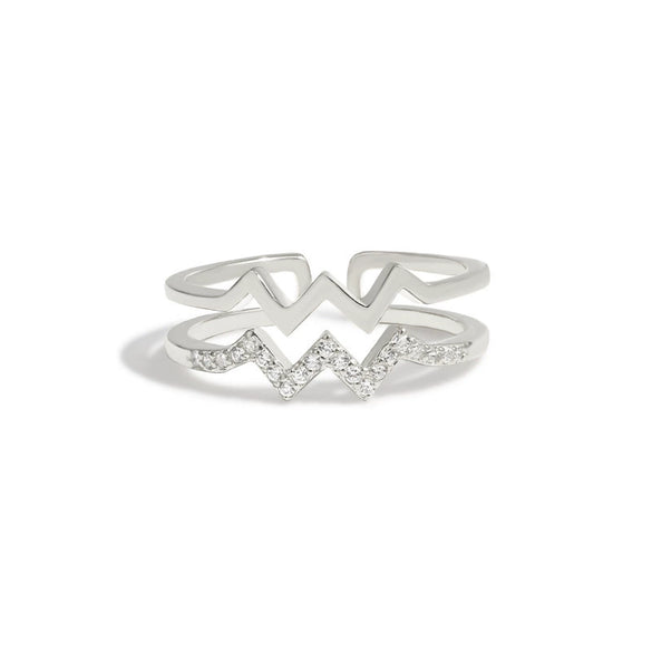 S925 Sterling Silver Doublelayer Heart Lightning Wave Pattern Diamond Ring Women's Fashionable
