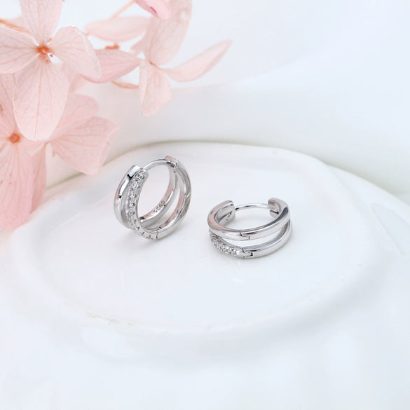 S925 Sterling Silver Doublering Inlaid Color Diamond Earrings Geometric Fashion Style Electroplated