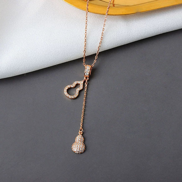 S925 Sterling Silver Drop Shape Gourd Pendant Necklace With Mixed Gem Inlay And Tassel Cross Chain Electroplated Clavicle Jewelry For Women
