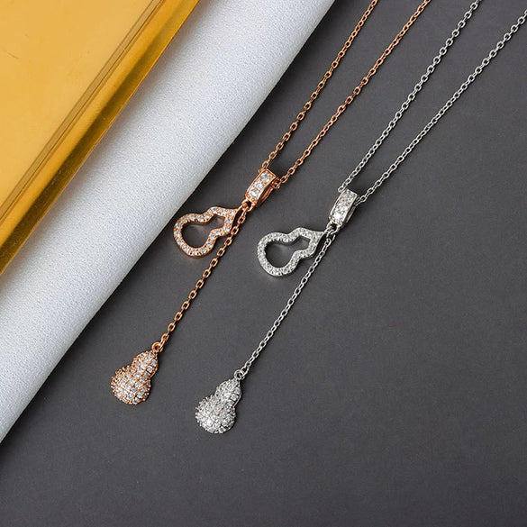 S925 Sterling Silver Drop Shape Gourd Pendant Necklace With Mixed Gem Inlay And Tassel Cross Chain Electroplated Clavicle Jewelry For Women