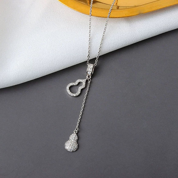 S925 Sterling Silver Drop Shape Gourd Pendant Necklace With Mixed Gem Inlay And Tassel Cross Chain Electroplated Clavicle Jewelry For Women