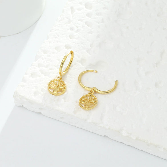 S925 Sterling Silver Ear Buckle Round Hollow Relief Tree Of Life And Flowers Antique Style Electroplated Women's Earrings