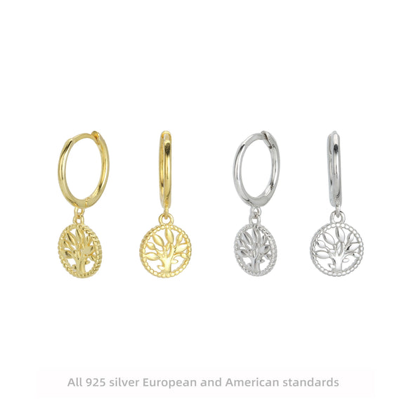 S925 Sterling Silver Ear Buckle Round Hollow Relief Tree Of Life And Flowers Antique Style Electroplated Women's Earrings