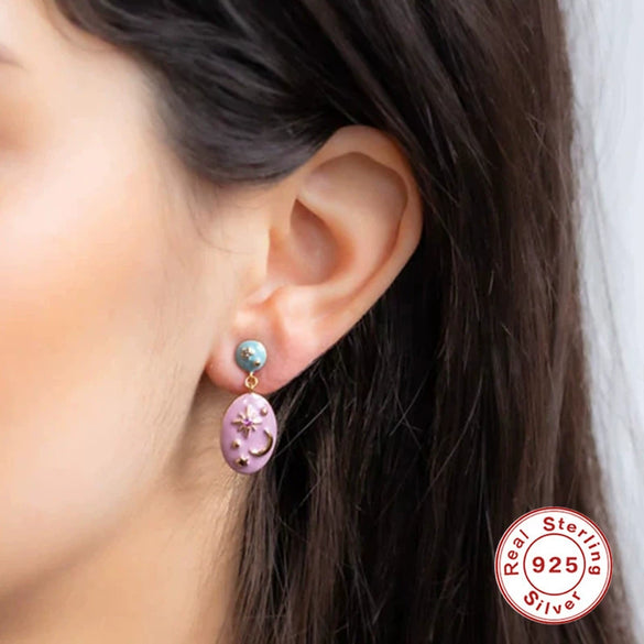 S925 Sterling Silver Egg Shaped Retro Asymmetric Ear Studs With Diamond Embedded Star Moon Dripping Oil Imitation Enamel