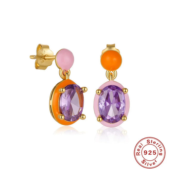 S925 Sterling Silver Egg Shaped Retro Asymmetric Ear Studs With Diamond Embedded Star Moon Dripping Oil Imitation Enamel