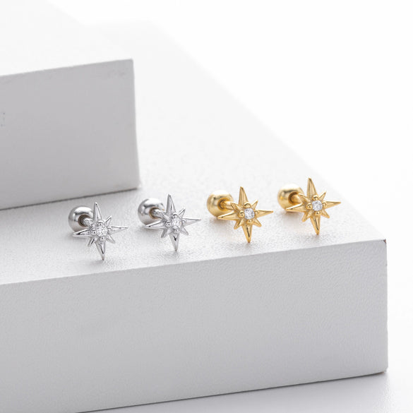 S925 Sterling Silver Eightpointed Star Inlaid With Zirconium Electroplated Piercing Earrings For Women