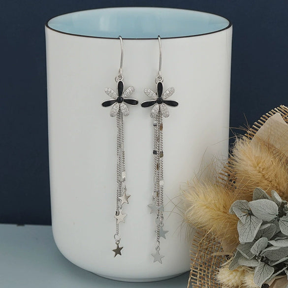 S925 Sterling Silver Elegant Flower Tassel Earrings Long Ear Wire Floral Dangle Earrings For Women Stylish Fashion Jewelry