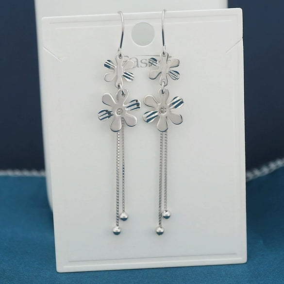 S925 Sterling Silver Elegant Glossy Flower Drop Earrings For Women Korean Style Long Tassel Floral Earrings Trendy Versatile Face Slimming