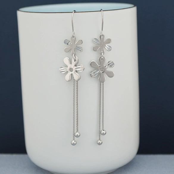 S925 Sterling Silver Elegant Glossy Flower Drop Earrings For Women Korean Style Long Tassel Floral Earrings Trendy Versatile Face Slimming