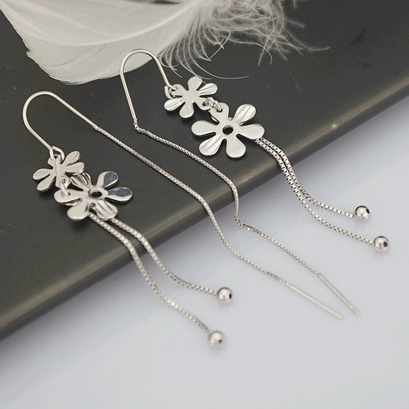 S925 Sterling Silver Elegant Glossy Flower Drop Earrings For Women Korean Style Long Tassel Floral Earrings Trendy Versatile Face Slimming