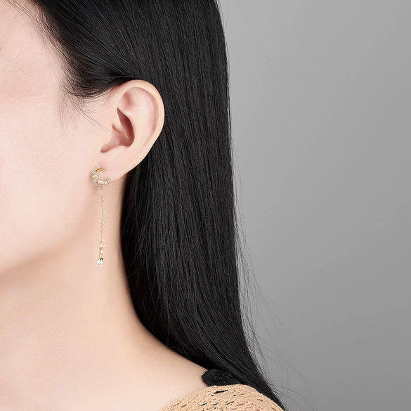 S925 Sterling Silver Elegant Simple Asymmetric Moon Pearl Tassel Earrings With Electroplated Geometric Design