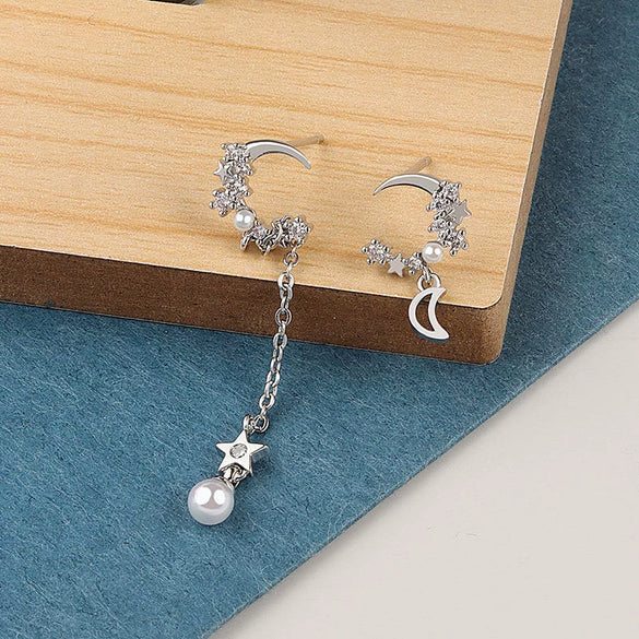 S925 Sterling Silver Elegant Simple Asymmetric Moon Pearl Tassel Earrings With Electroplated Geometric Design