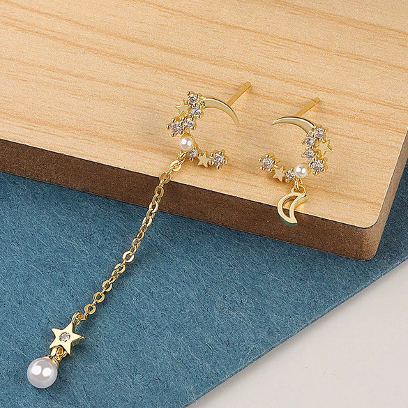 S925 Sterling Silver Elegant Simple Asymmetric Moon Pearl Tassel Earrings With Electroplated Geometric Design