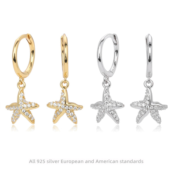 S925 Sterling Silver Fashion Creative Marine Life Inlaid Zircon Starfish Star Earrings For Women