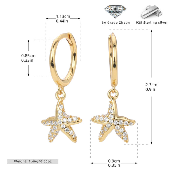 S925 Sterling Silver Fashion Creative Marine Life Inlaid Zircon Starfish Star Earrings For Women