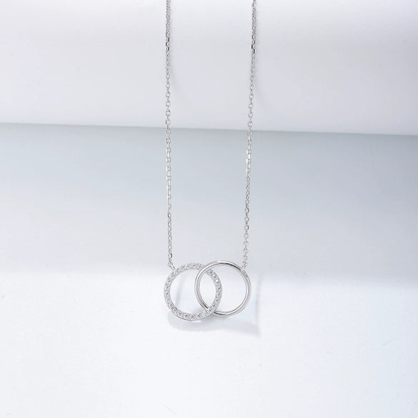 S925 Sterling Silver Fashion Simple Diamond Double Circle Double Ring Women's Clavicle Chain With Geometric Design