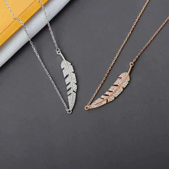 S925 Sterling Silver Feather Necklace With Full Stone Inlay Electroplated Cross Chain Elegant Clavicle Pendant Jewelry For Women
