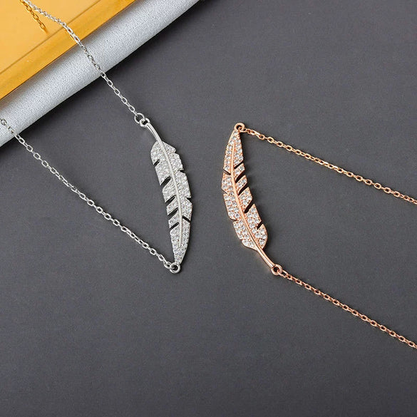 S925 Sterling Silver Feather Necklace With Full Stone Inlay Electroplated Cross Chain Elegant Clavicle Pendant Jewelry For Women