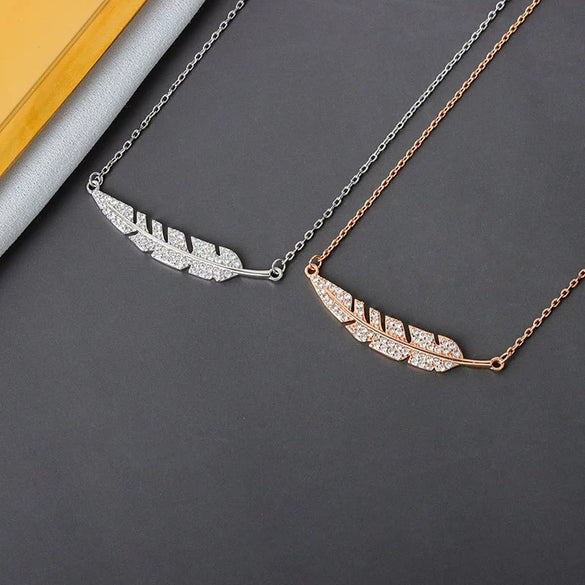 S925 Sterling Silver Feather Necklace With Full Stone Inlay Electroplated Cross Chain Elegant Clavicle Pendant Jewelry For Women
