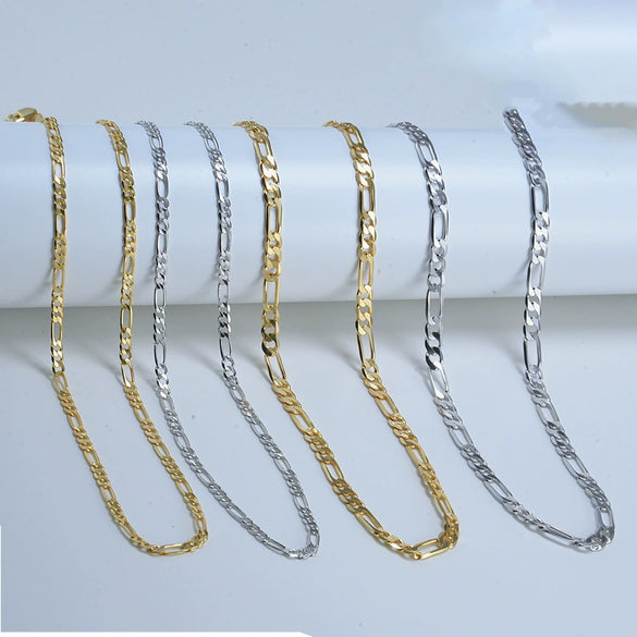 S925 Sterling Silver Figaro Chain Necklace Geometric Pattern Electroplated