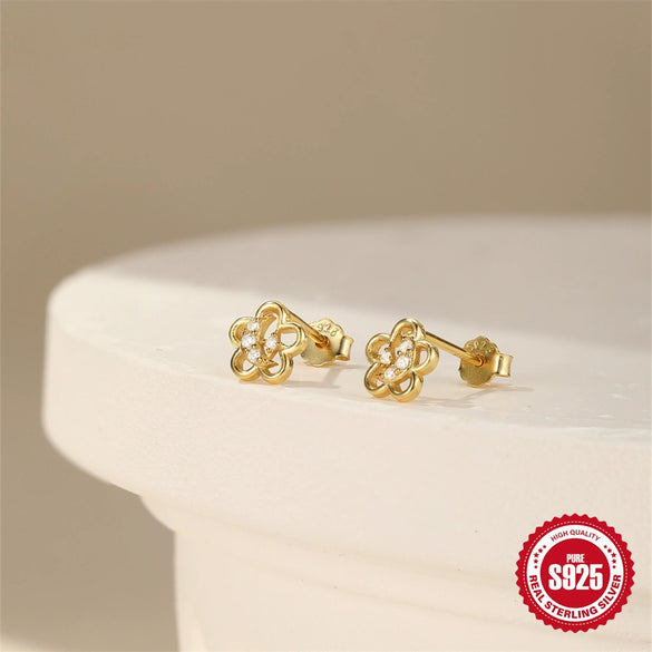 S925 Sterling Silver Five Petal Flower Hollow Electroplated Women's Earrings