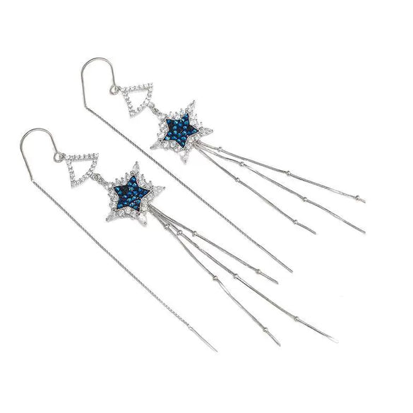 S925 Sterling Silver Five Pointed Star Long Tassel Earrings With Diamond Accent Elegant Fashion Dangle Earrings For Women