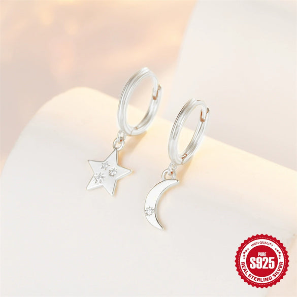 S925 Sterling Silver Fivepointed Star Moon Asymmetric Earrings With Electroplating Women's Geometric Jewelry