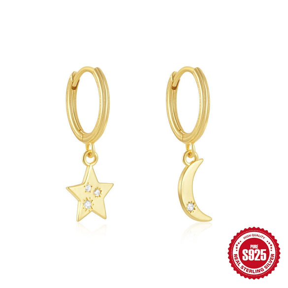 S925 Sterling Silver Fivepointed Star Moon Asymmetric Earrings With Electroplating Women's Geometric Jewelry