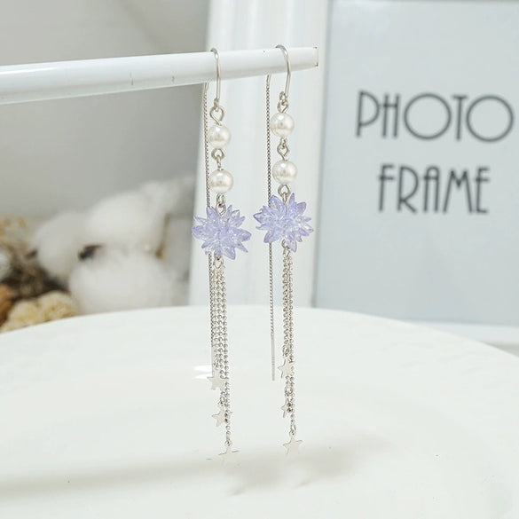 S925 Sterling Silver Flower Star Earrings With Purple Ice Crystal And Pearl Tassel Long Elegant Drop Earrings For Women