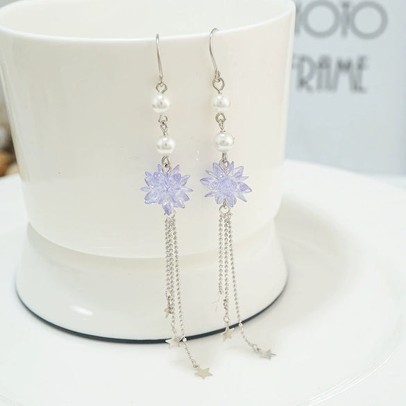 S925 Sterling Silver Flower Star Earrings With Purple Ice Crystal And Pearl Tassel Long Elegant Drop Earrings For Women