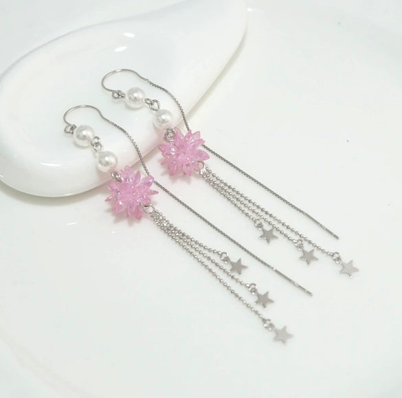 S925 Sterling Silver Flower Star Earrings With Purple Ice Crystal And Pearl Tassel Long Elegant Drop Earrings For Women