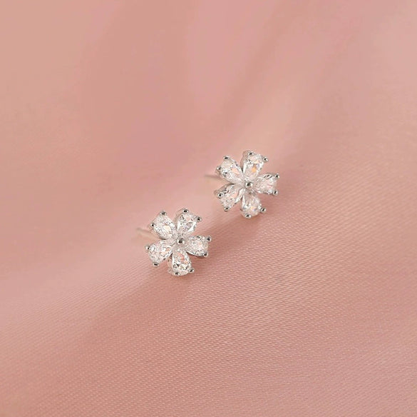 S925 Sterling Silver Flower Stud Earrings With Crystal Zircon Inlay Light Luxury Elegant Fashion Earrings For Women