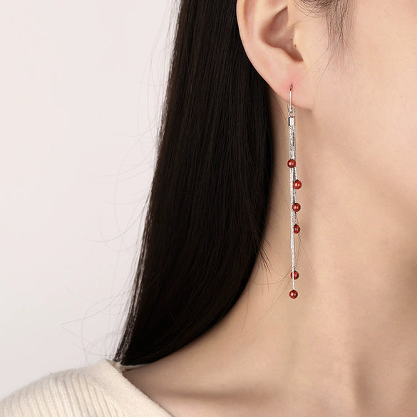 S925 Sterling Silver Flower Tassel Earrings Vintage Geometric Red Pomegranate Dangle Ear Line Earrings